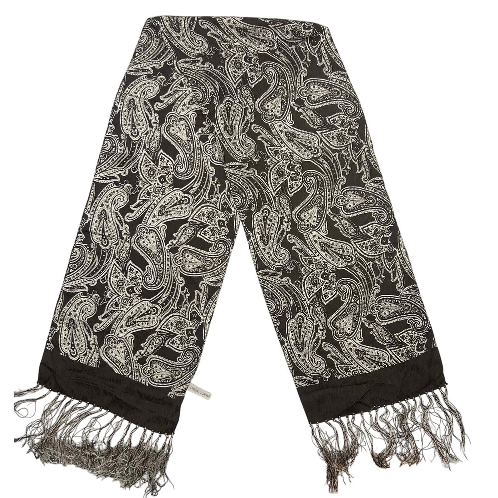 Casual Corner 100% Silk Scarf Brown White With Fringe 54 in Length 10 in Wide‎